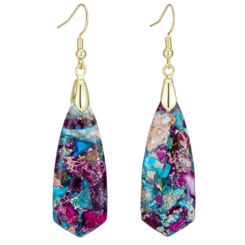 18K Yellow Gold with Natural Imperial Blue Purple Jasper Stone Hook Earrings